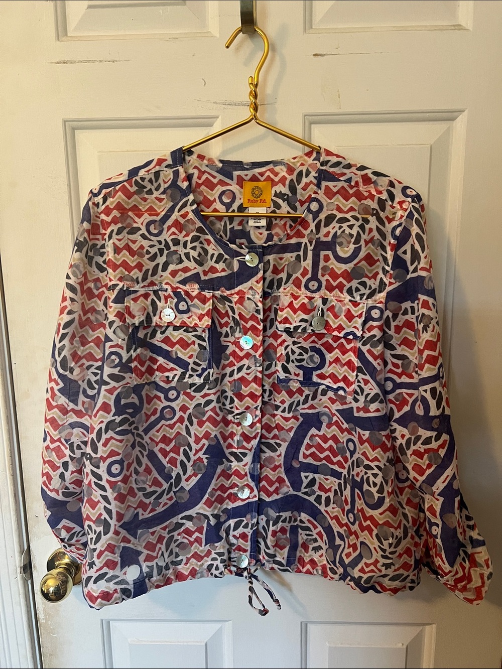 Ruby Rd. Red, Navy & White Printed Button-Front Jacket